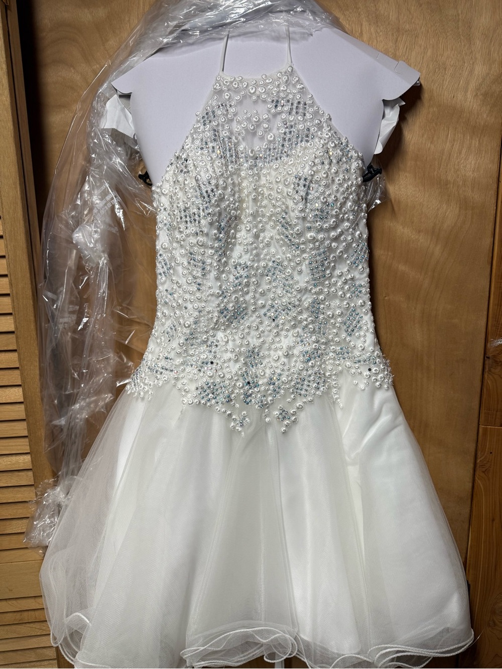 Faviana White Pearl & Sequin Halter Tulle Party Dress